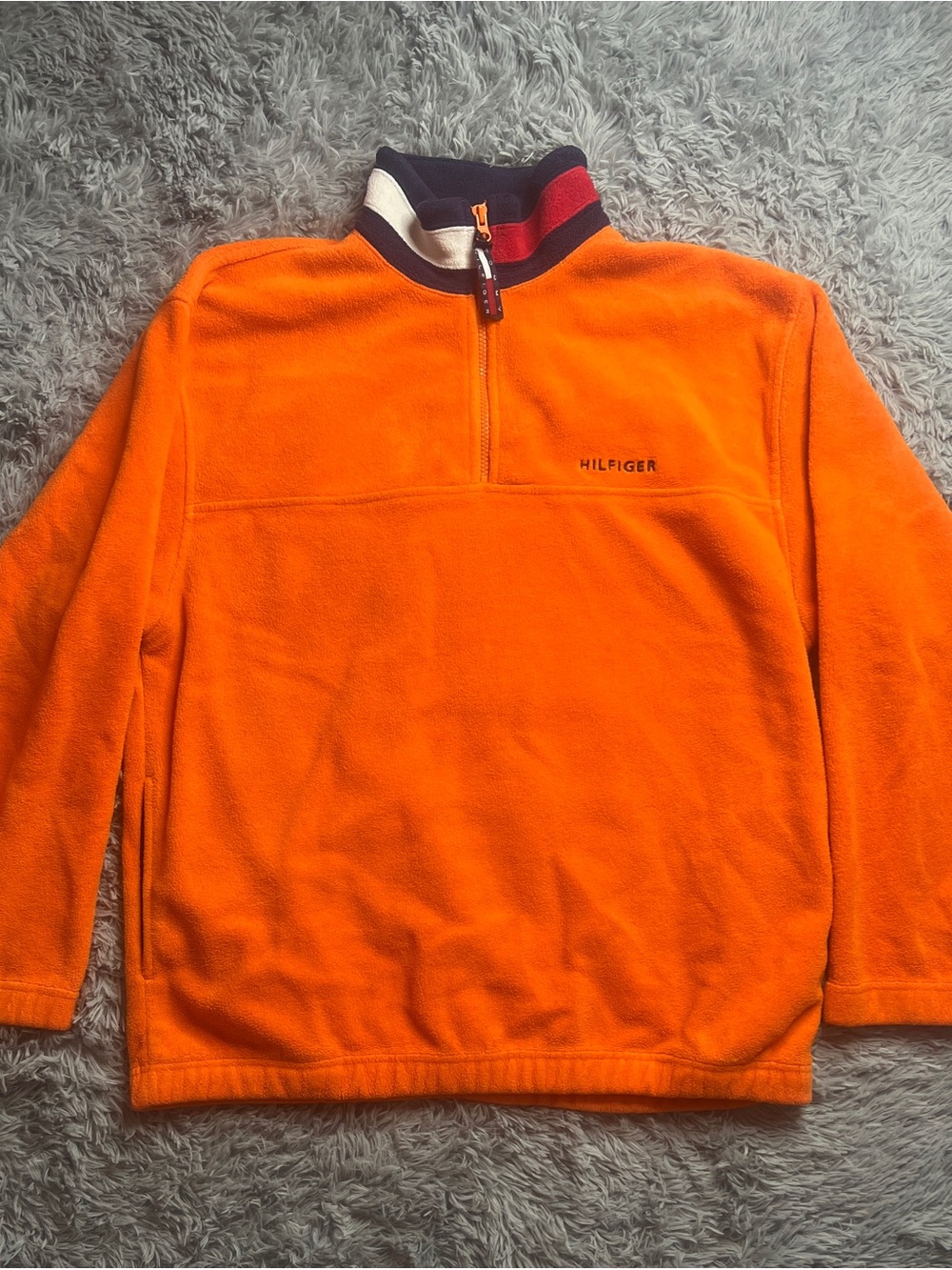 Tommy Hilfiger Men's Bright Orange Quarter-Zip Fleece with Striped Collar